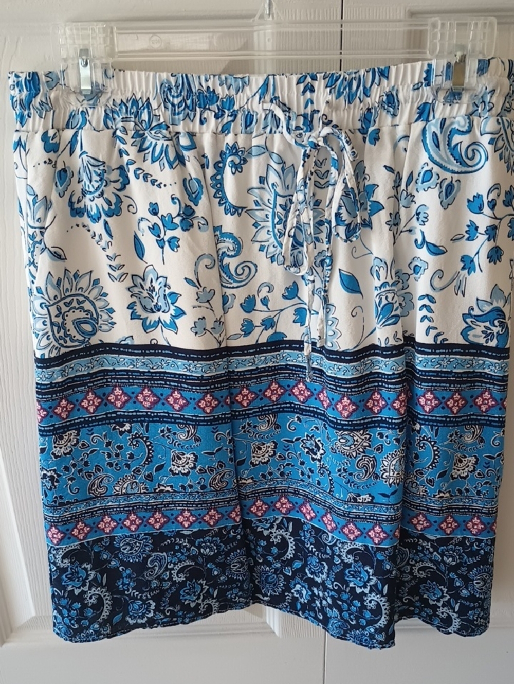 LOFT White and Blue Paisley Drawstring Skirt